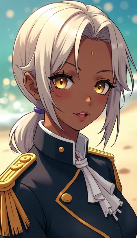 Beach scene ,  a Manhwa style character , BLACK GIRL, black skin color, well-lit environment, bright,  background glitter in mixed shades of gold and blue ,  4k quality photo ,  very detailed ,  the character must have platinum hair ,  as well as eyebrows ...