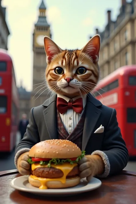 british cat eating burger 