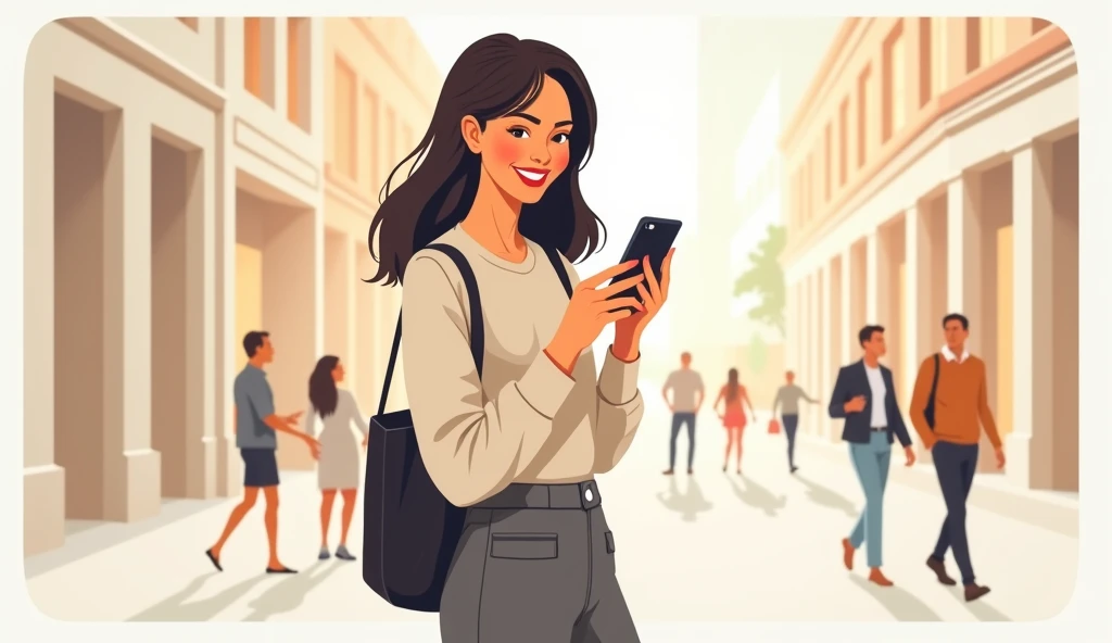 Minimalist vector style drawing of a smiling woman using her cell phone on the street