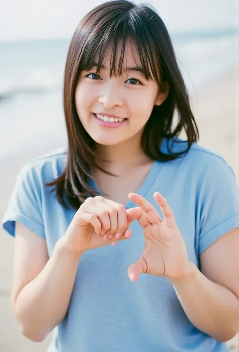 barefoot,   make a heart shape with both hands  , woman sitting on the sand with her knees bent  ,  photorealism,    young Japanese woman  ,( looking at the camera), Alone,A perfect smile,     BEAUTIFUL DARK EYES    ,   beautiful skin  ,   long black hair,...