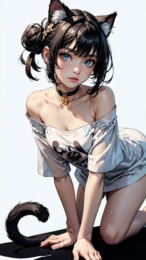 (highest quality, masterpiece, High resolution)、(anime art)、cinematic light、soft light、two girls、black hair、Black cat costume、White Cat Costume、Tabby cat costume、Striped cat costume、Persian Cat Costume、(3-color cat costume)、(loose t-shirt)、loose shirt、off ...