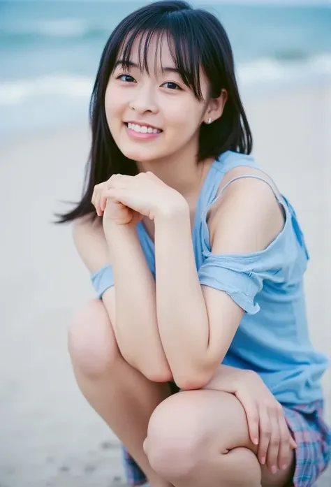 barefoot,   make a heart shape with both hands  , woman sitting on the sand with her knees bent  ,  photorealism,    young Japanese woman  ,( looking at the camera), Alone,A perfect smile,     BEAUTIFUL DARK EYES    ,   beautiful skin  ,   long black hair,...