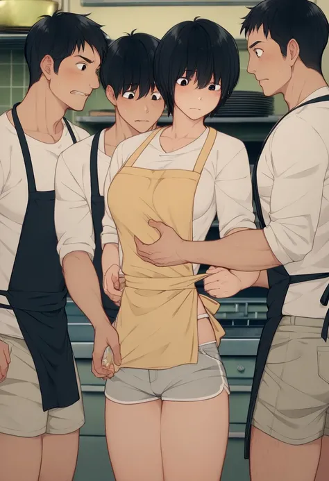 
((kyoko　black hair、　black eyes、short hair　、hair between eyesmedium breasts、short shorts、white shirt、apron))　Zito under-eye tits 

　5 men (Father、older brother　3 younger brothers)　 harassment、 cooks food in the kitchen　A man looks at his chest　Man grabs he...