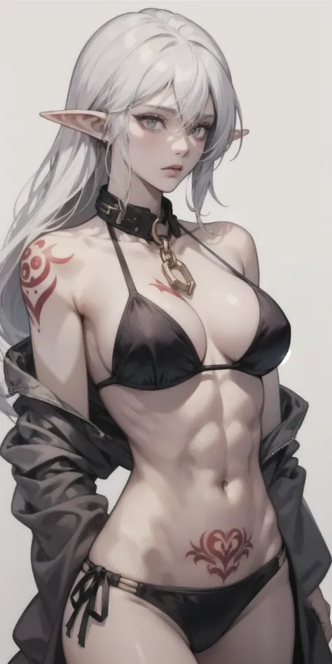 grey skin, drow, elf, 1girl, solo, mature, golden eyes, white hair, black bikini, abs, big knockers, tatter rags, chain collar, stomach tattoo (red tattoo) ((white background))