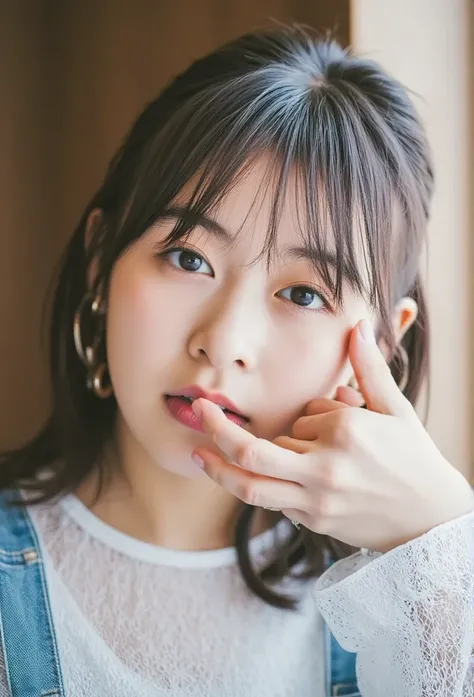 ( absurd, 8k,  RAW photos ,  best quality, masterpiece,   super detailed :1.2) (Realistic:1.4) Soft light,  depth of writing ( close,  from below)  blurry background,  blur
BREAK
1 very cute Japanese girl, Cute, 20 years old (  very detailed face, Shiny ey...