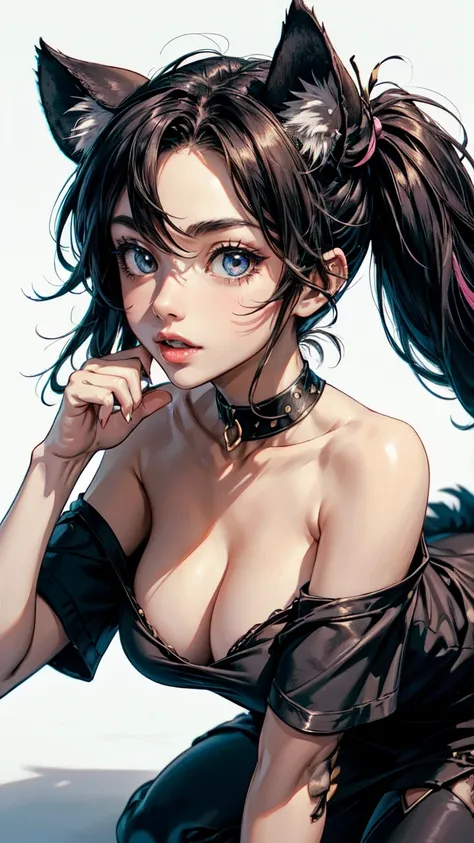 (highest quality, masterpiece, High resolution)、(anime art)、cinematic light、soft light、two girls、black hair、hyena costume、(3-color hyena costume)、(loose t-shirt)、loose shirt、off shoulder、sexy mini dress、(hyena ear)、twintails、semi-long、pink and blue highlig...