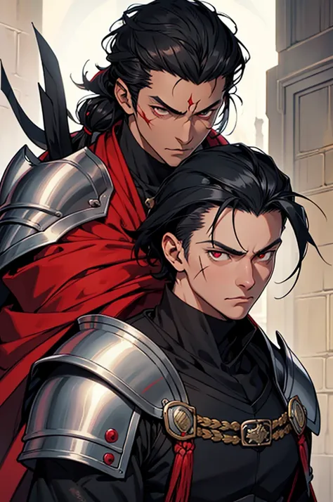 Black young man, Black hair, gojou satoru hairstyle, Medieval black armor with red details, White sword, Scars on face, Serious face, in a castle, red cape like a medieval knight with red pupils