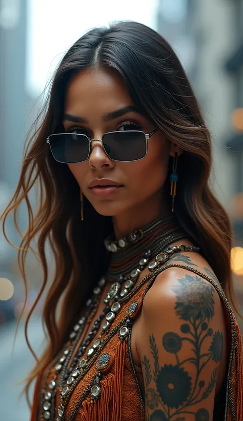 A very realistic and highly detailed portrait of a beautiful Native American woman wearing sunglasses in the future New York City , full-body , ((Zendaya is a Native American woman)) , Indigenous dress  , long  hair, Fashion pose, Beautiful hazel eyes symm...