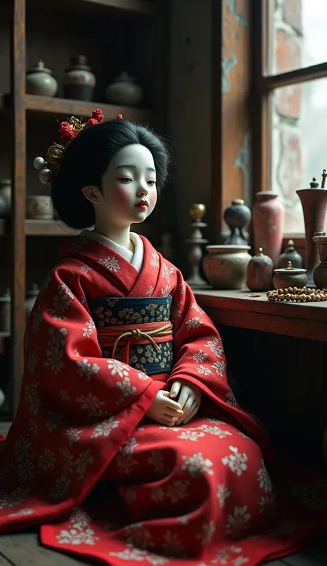 A traditional Japanese doll in a red and black kimono, sitting in an old shop, dimly lit with a mysterious atmosphere.