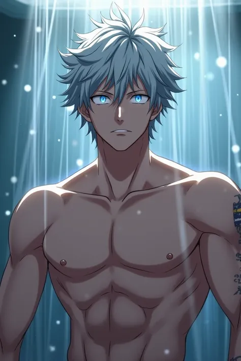 neck, resolution 1920x1080 pixels, JPEG format, adjust aspect and size to 3:4, anime My hero academia, young man, very attractive, muscular, with disheveled silver hair, bright blues like stars, pale skin, star tattoo on neck and arm, in a shower, he has a...