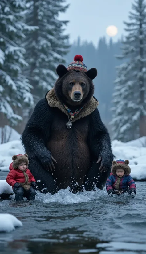 "A humanoid bear father sits firmly in the center of a snowy forest river, wearing a heavy fur-lined coat and a traditional Russian ushanka hat. His massive frame exudes strength, and his dark fur glistens with frost. His cubs sit around him on the icy roc...