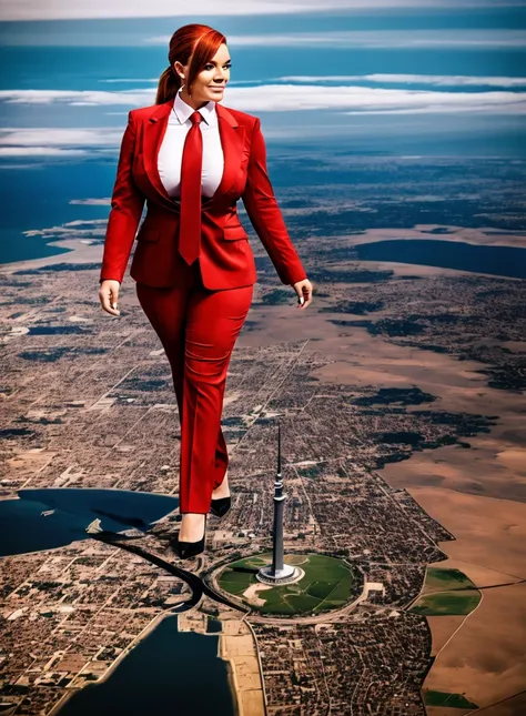 Giantess art, (towering over a planet 1000’s of miles tall) bbw giant schoolgirl in distance walking across a planet, young women with beautiful curves, massive thighs, ginger hair, lipstick, wearing a red pinstripe trouser suit and blazer, crisp white shi...