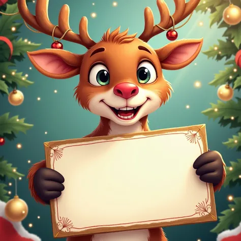 cartoonish  reindeer holding a blank sign christmas motives, close up  