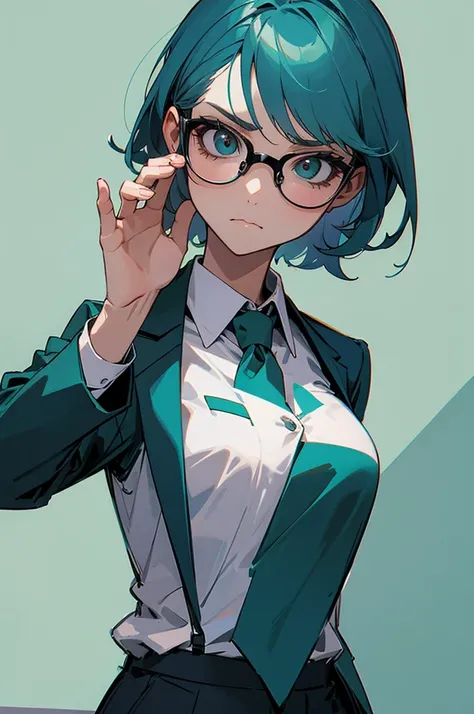 Adult, Female, Glasses, Professional Clothes, Serious Expression, Teal Hair.