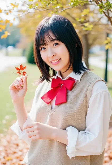 (masterpiece, best quality, beautiful, RAW photo, photo realistic:1.1),
full body, standing,
sunlight,
ultra high skin detail, detailed face,
a japanese girl, 24 years old, round face, short hair, bangs, open mouth, smile, looking at viewer,
school uniform...