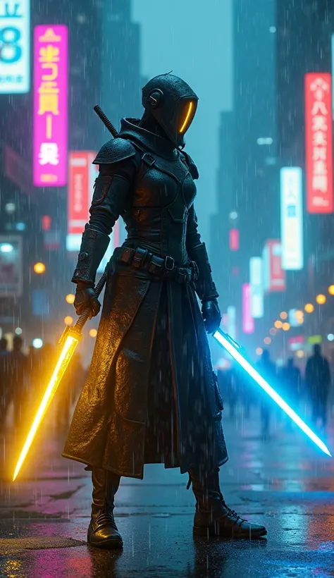 Neon using an electric katana with yellow ,  blue and white rays coming out of the katana in the Cyberpunk universe on a rainy day