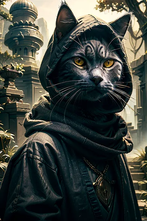 highres, 8k, absurdres, realistic, ((close up)),  (tanjoreai:1.4) ,  (Chartreux:1.3),  (cat_human:1.55), (cat:1.4), animal_focus, outdoor, landscape,  fantasy world,  ancient robe, old cat, long beard,  walking, surprised, World of cats,  ((assassin_hood))...