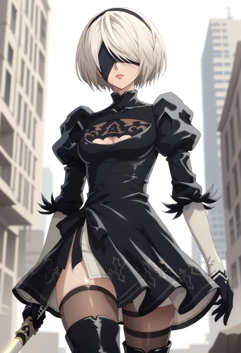 A stunning anime-style rendition of 2B (YoRHa No.2 Type B) from Nier: Automata. She is a graceful yet strong android with white hair styled in a neat bob, an elegant black blindfold covering her eyes, and a sleek black gothic-inspired battle dress adorned ...