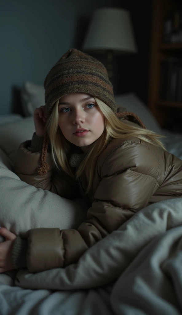 Blonde girl dressed in a down jacket and a chapka lying on her bed in a dark room