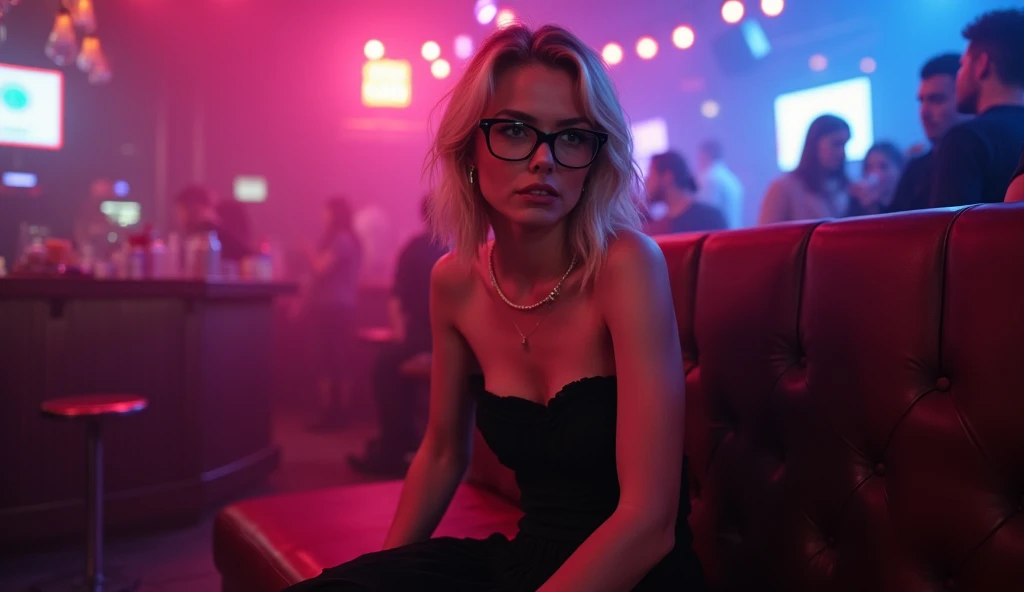 in a nightclub with pink and blue neon lights, a well-dressed blonde woman in a black strapless dress and black glasses makes a disappointed face while sitting on a bench