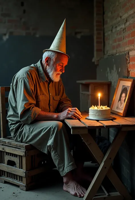  Sitting on a makeshift bench made of crates ,  a reinforced old man with calloused hands wears a faded and patched shirt .  A handmade paper hat replaces a party hat .  On a weathered wooden table ,  there is a small, simple cake with a burning candle ,  ...