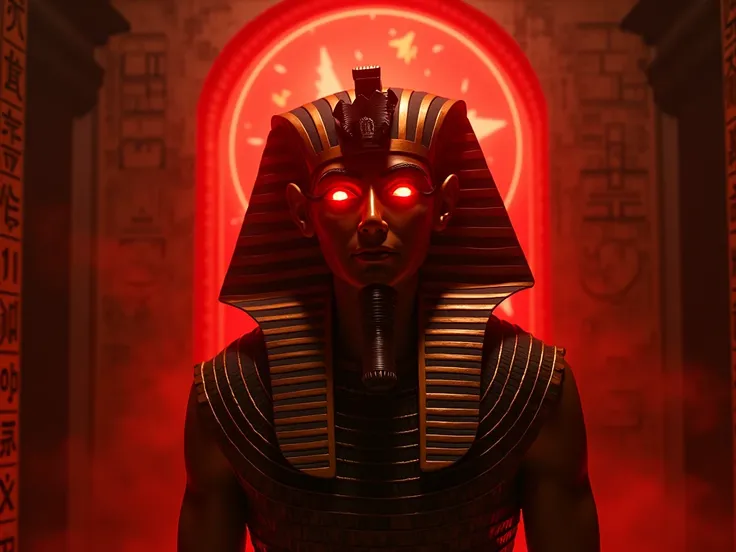 A portrait of King Tutankhamun with a red, ominous halo surrounding his face, the expression slightly distorted with an eerie, supernatural glow, the scene is set in ancient Egypt, the character is wearing traditional pharaoh attire, the location is an Egy...