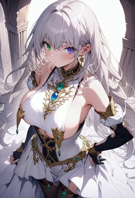 (masterpiece),(best quality),(ultra-detailed),(best illustration),(best shadow),(detailed background), 1girl, ((heterochromia)), breasts, green-eyes, long-hair, solo, (large-breasts), gauntlets, blue-eyes, white-armor, underboob, pantyhose, hand-on-own-hip...