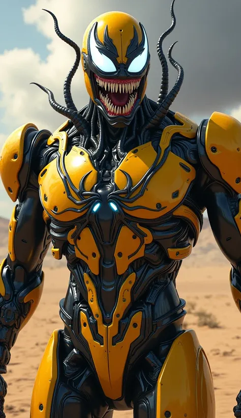 Create a stunning hybrid character that merges the sleek, black symbiotic power of Venom with the mechanical brilliance of Bumblebee. The hybrid has the armored, humanoid form of Bumblebee, featuring bright yellow plating interlaced with Venom’s glossy bla...