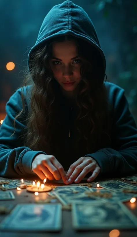   analog film photo, (Art品,  high resolution:1.3),   A very beautiful and mysterious woman wearing a hoodie,  Long curly hair ,   Shes drawing tarot cards  , Moderate angle  
，32k Quality 。 Master Photography Composition ， Master Leonardo da Vincis late co...