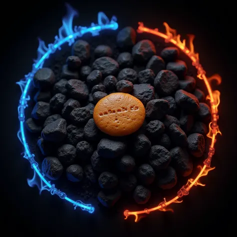 A circle with a steel logo vun name arepafull and an arepa in the center filled with meat and potatoes shows a pile of charcoal and dark colored rocks with incandescent fire lines forming a rectangular frame around a central area. The led lines are blue on...