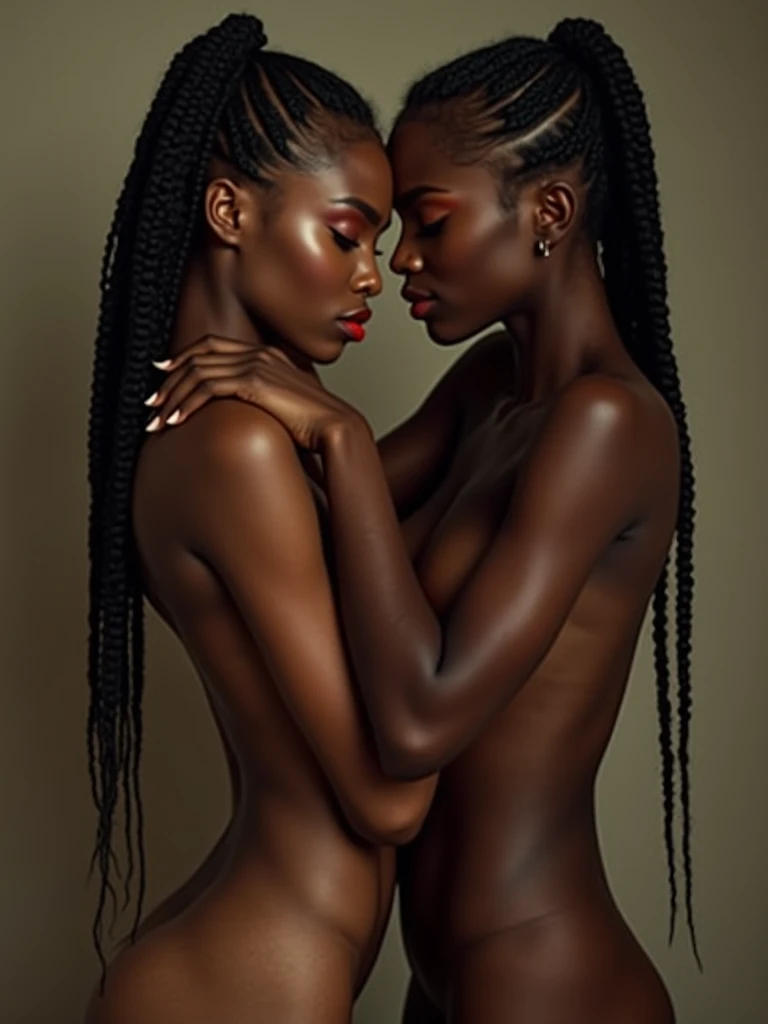 High-end moddeling photography, full-body shot of two naked black models with long pig-tail hair, very slim sweet lovely face with stunning sharp contours, lovely lips kissing. Their pose is leaning against each other, cuddling, in love and intimacy, forep...