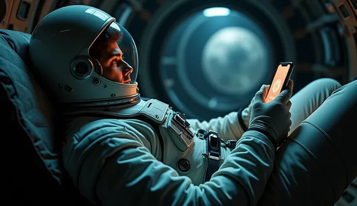 A shot from behind of an astronaut in a rocket cockpit lying down with their arm outstretched, holding a phone, and zooming in on the phone, zooming in on the phone,  zooming in on the phone.