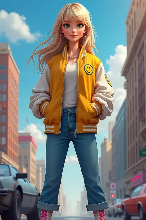 Back to the Future Part IV. Female protagonist, who has long blonde hair combed into bangs, expressive green eyes, wears a yellow and white college jacket and has a Happy Face patch, blue jeans, and wears white Adidas sneakers with pink stripes. Year 2026.