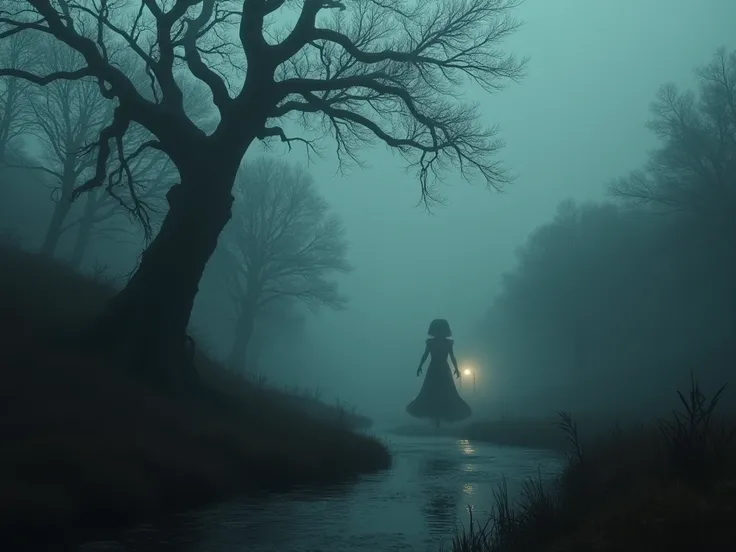 fog-covered forest with a twisted tree standing in the center, a shadowy, indistinct figure of La Llorona hovering in the distance, no clear features visible, the scene takes place in a dark, desolate landscape near a river, action: the figure floats omino...