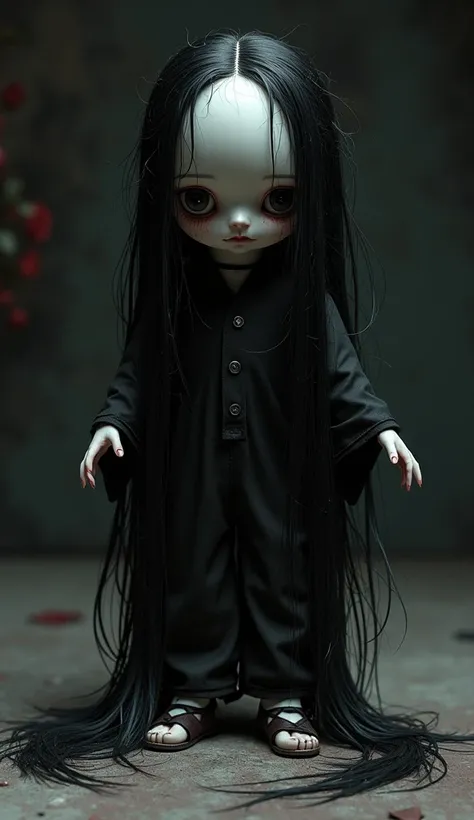 A Japanese doll with long, uneven hair in a dark setting, with strands of hair spilling onto the floor.