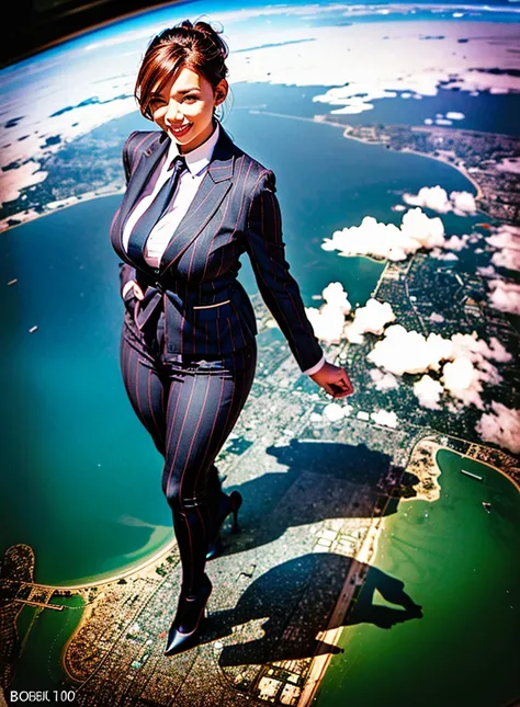 Giantess art, (towering over a planet 1000’s of miles tall) bbw giant schoolgirl in distance walking across a planet, young women with beautiful curves, massive thighs, ginger hair, lipstick, wearing a red pinstripe trouser suit and blazer, crisp white shi...