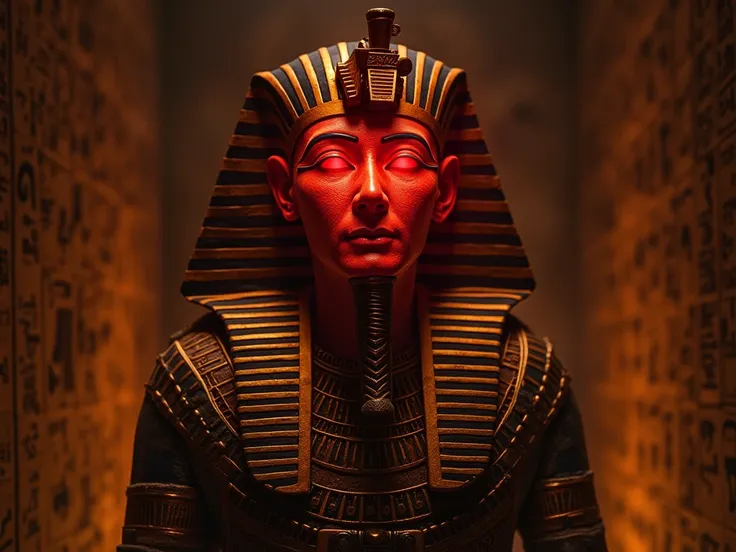 Prompt: The ghostly portrait of King Tutankhamun, illuminated by a faint red halo, his face slightly distorted with an ominous, glowing aura, the setting is ancient Egypt, the character is adorned in traditional pharaohs attire with intricate gold and jewe...