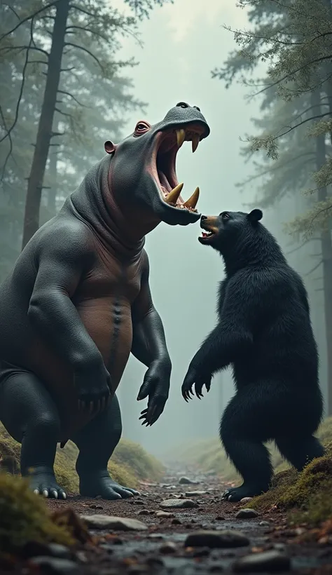 Hippopotamus in front of a black bear 