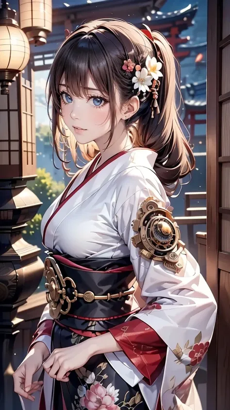 tmasterpiece，Kizi，katana swords，Large round window background, Black and white kimono，patterned kimono，Pedras preciosas，Lateral face，the sideview，glowing light eyes，intricate hair，Meticulous background，（Japanese），Light red eyes，steampunc，Steampunk hair acc...