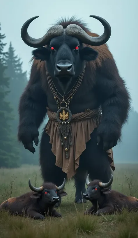 "A massive humanoid buffalo father stands in a foggy forest meadow, his colossal form covered in thick, shaggy fur. He wears an ancient ceremonial robe with tribal patterns and beads, his massive horns adorned with golden rings. His glowing red eyes burn w...