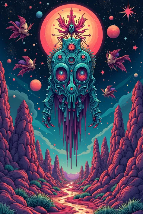 vector illustration design, t-shirt design, colourfull, occult mystic nightmare dreamfull cosmic fantasy surreal paradise xeno metamorph world, with curious style and mindblowing ideas, extreme sharp details, maximum intricately