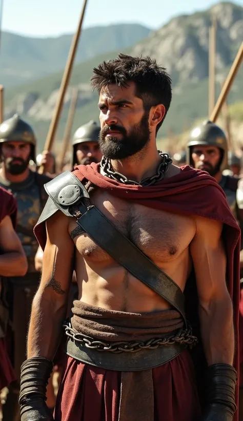 Visualize Spartacus as a young, rugged warrior, his face showing the wear of battle and hardship. He is bound in chains, surrounded by Roman soldiers who stand victorious, with a grim look of defiance in his eyes. The setting is an ancient Roman military c...