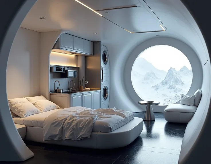 Image depicts a futuristic, minimalist interior of a space habitat with a sleek, cylindrical design. The layout features a cozy bed with rumpled white bedding on the left, adjacent to a compact kitchenette with metallic surfaces and integrated appliances. ...