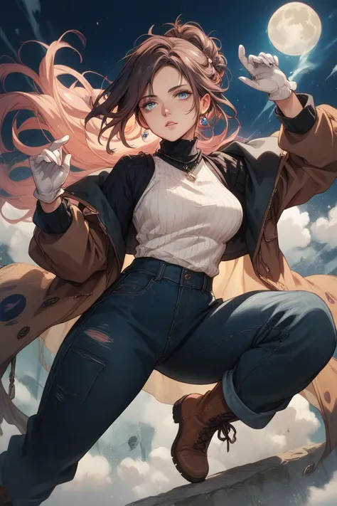 Gentle and shy black woman,  she has powers related to the moon , She wears wide cargo pants,  a turtleneck blouse and a dark blue long jacket, Detail her clothes , She wears boots and white gloves . Front pose 