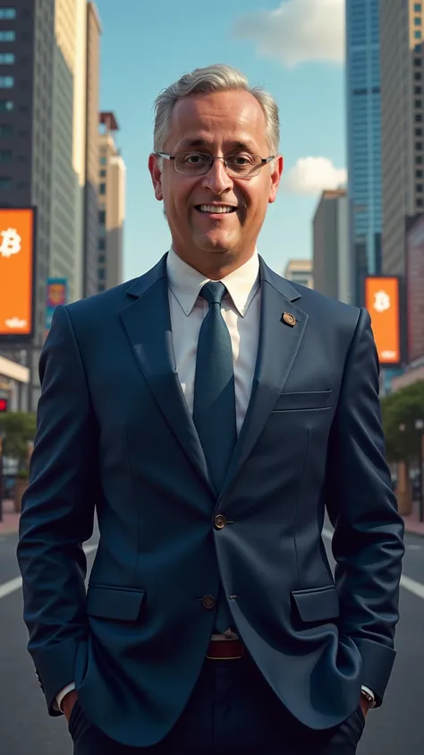 realistic, hd, 50-year-old man, 160 centimeters tall, robust, with tie and blue suit, senator of the Mexican United States, in the background the BITCOIN logo and a city of the future with BITCOIN advertisements