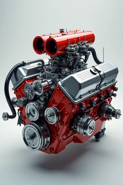 A well-detailed internal combustion engine with all its parts with chrome parts and red parts