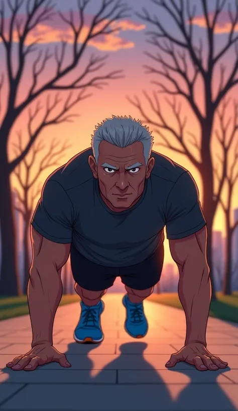  A middle-aged man in an urban park at dawn , performing push-ups with precision .  Your muscles are visibly contracted ,  and your expression demonstrates total focus .  The sky in the background is a gradient of orange and purple ,  and bare trees comple...