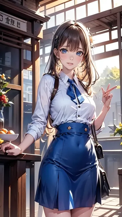 Background of blue sea and sky，Bright sunlight shines over the entire scene。In richly detailed portraits，We saw a 20 year old girl，She has beautiful and detailed eyeeticulous lips，Perfectly complements the face。She wears a beautiful blue uniform，is a femal...