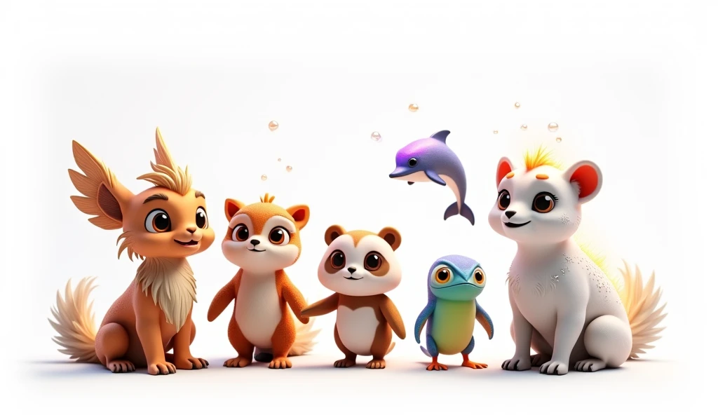 A 3D Disney Pixar-style rendering of a variety of magical animals on a clean white background. The group includes a majestic griffin with shimmering bronze feathers and glowing eyes; a cuddly panda with silver streaks in its fur and a glowing aura; a small...