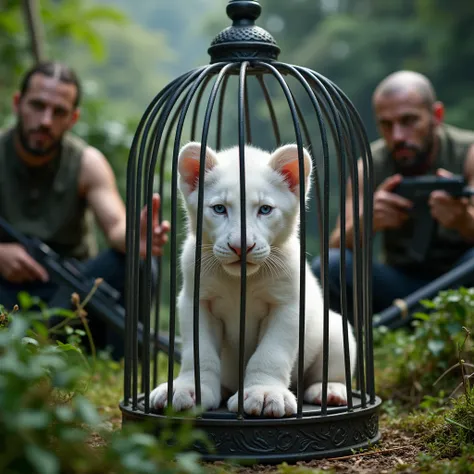 White albino lion cub sitting in a small elegant and somewhat exotic cage, looking at the viewer. The background is a lush forest and armed men, bright blue eyes and unique faces can be seen.